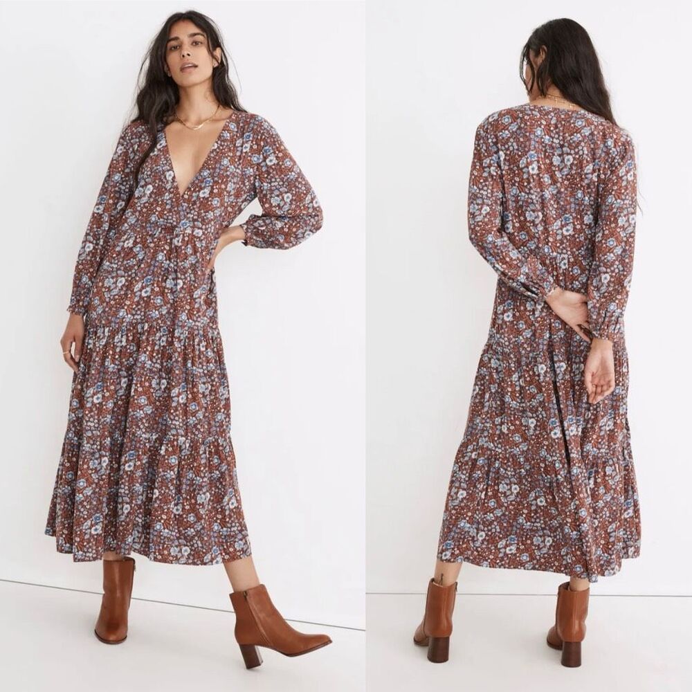 Madewell Challis Wrap Midi Dress in Woodland Floral Dark Merlot Long Sleeve XS